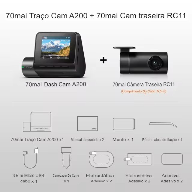 Camera Veicular Xiaomi 70mai Dash Cam A200 1080P HDR 60FPS Algoritmo MaiColor Vivid +