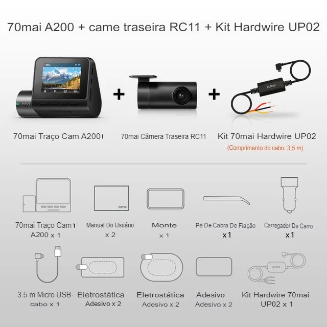 Camera Veicular Xiaomi 70mai Dash Cam A200 1080P HDR 60FPS Algoritmo MaiColor Vivid +