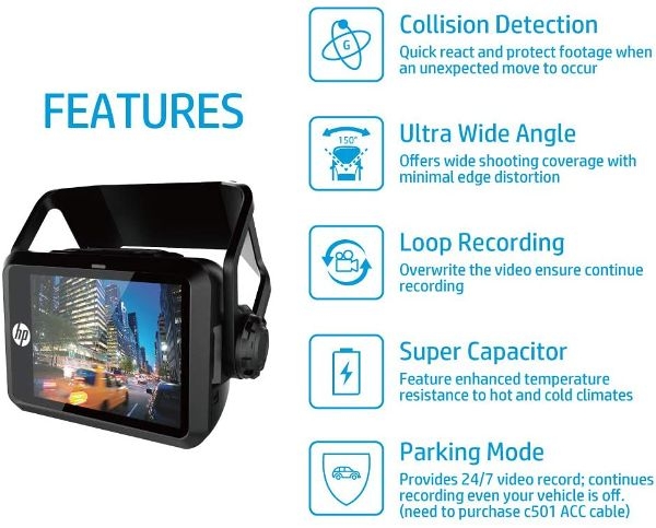 HP F660G Câmera Dual Dash Frontal 1080P Traseira 720P Câmera de Ré com GSensor Tela 2" GPS Integrado