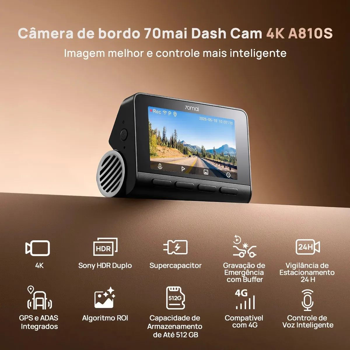 Dash Cam 70mai A810s ADAS GPS 4K HDR Sony STARVIS 2 - Versão Supercapacitor e Wi-Fi 6
