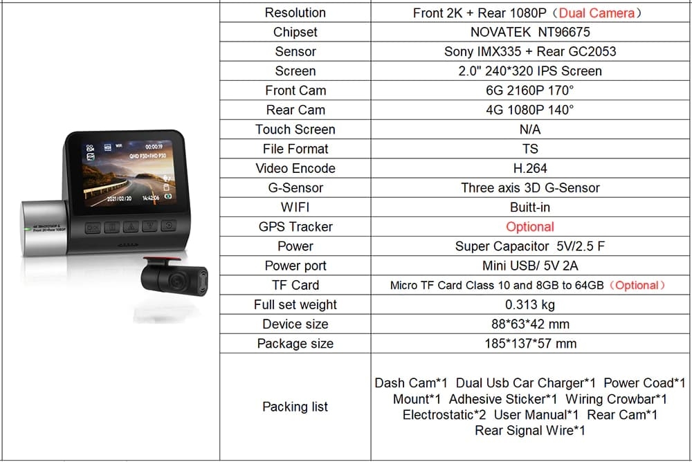 Camera Veicular Novatek 2K 4K Single Dual Dash Cam Pro 2.0" WiFi  Frontal 170 e Traseira 140 Graus Wide Angle 24H Estacionamento