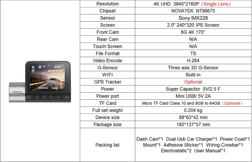 Camera Veicular Novatek 2K 4K Single Dual Dash Cam Pro 2.0" WiFi  Frontal 170 e Traseira 140 Graus Wide Angle 24H Estacionamento