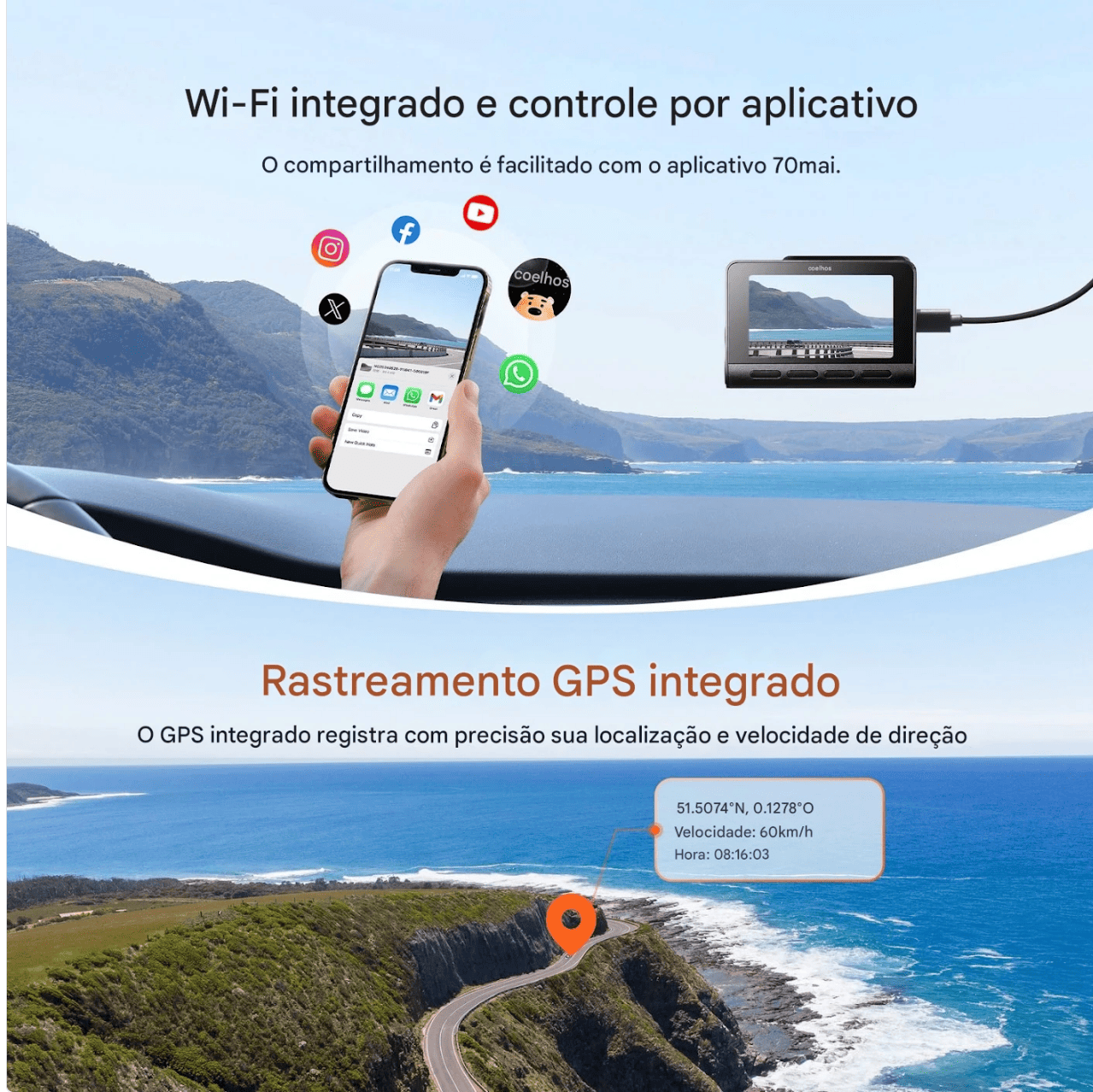 Camera Veicular Xiaomi 70mai A800s 4K Velocidade em Tempo Real 2160P UHD WIFI GPS  Monitor de estacionamento