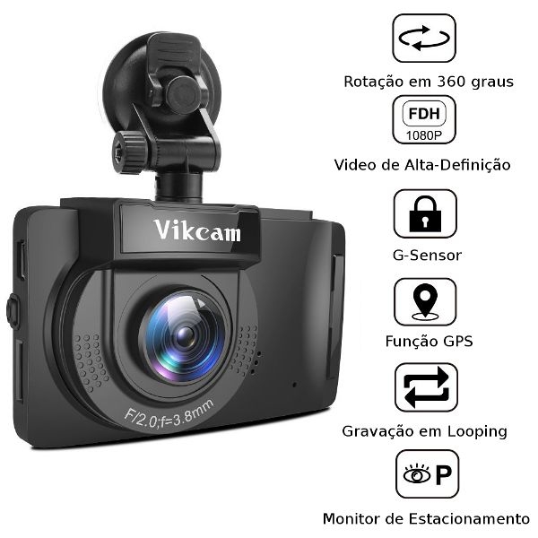 Camera Veicular Carro Vikcam GS60 Full HD 1080P Dash Cam GPS 2.7" LCD G-Sensor Loop Recording