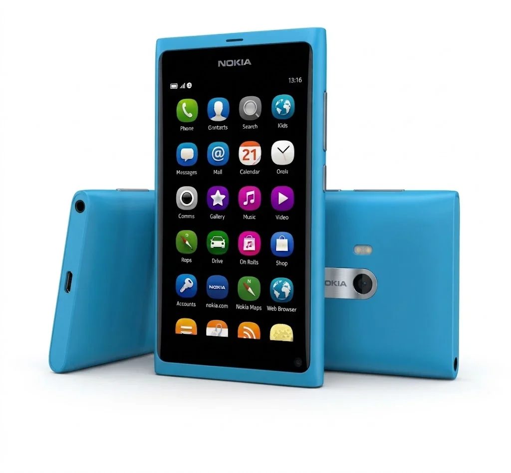 Nokia N9 azul frontal inclinado e traseira