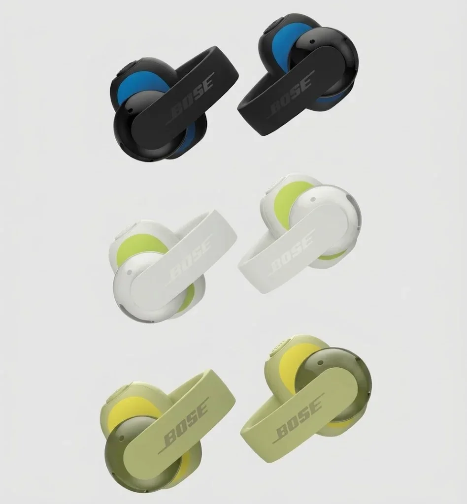 Bose Sport Open Earbuds nas cores preta, branca e verde empilhadas