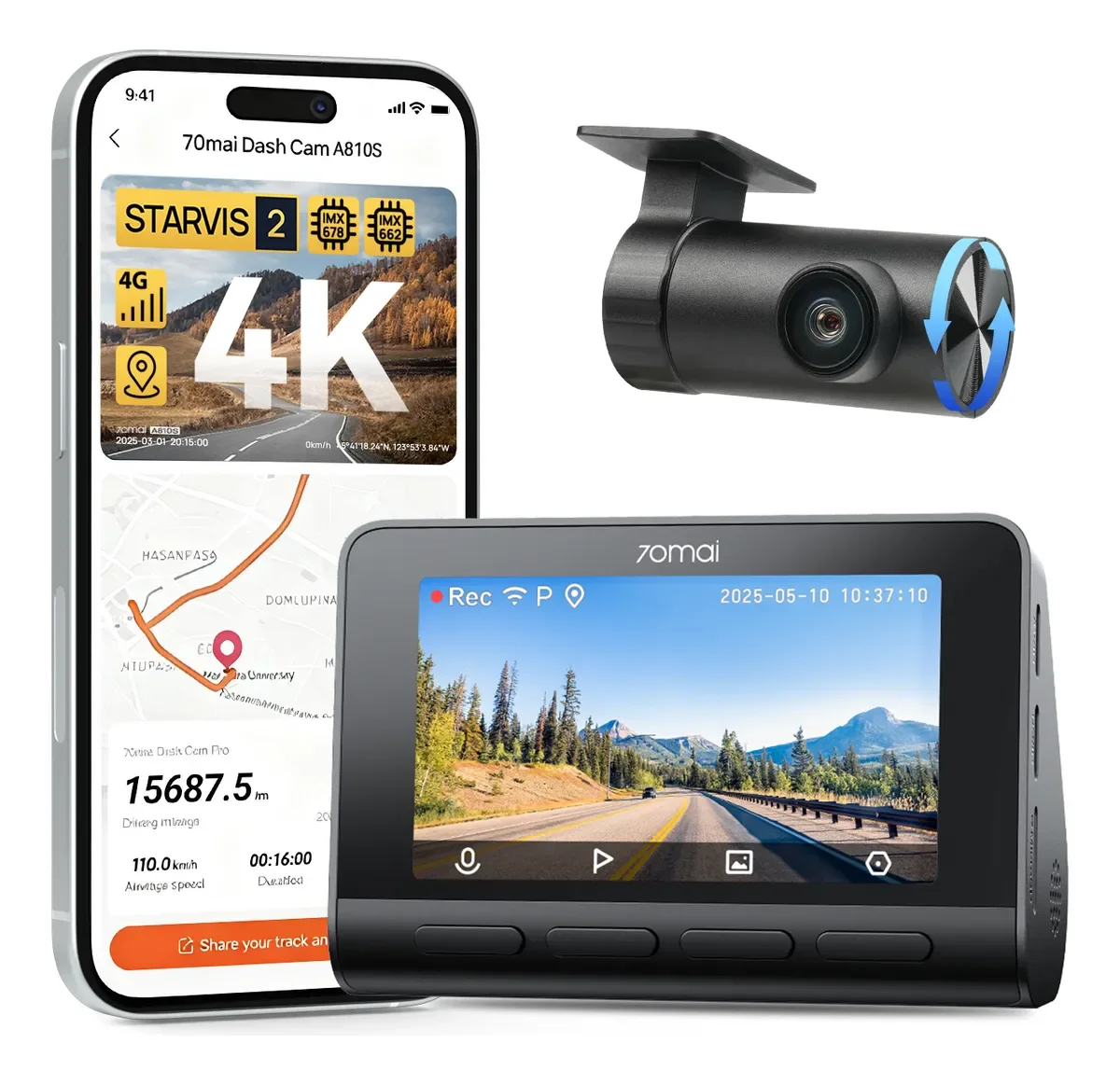 70Mai A810s com smartphone e camera traseira